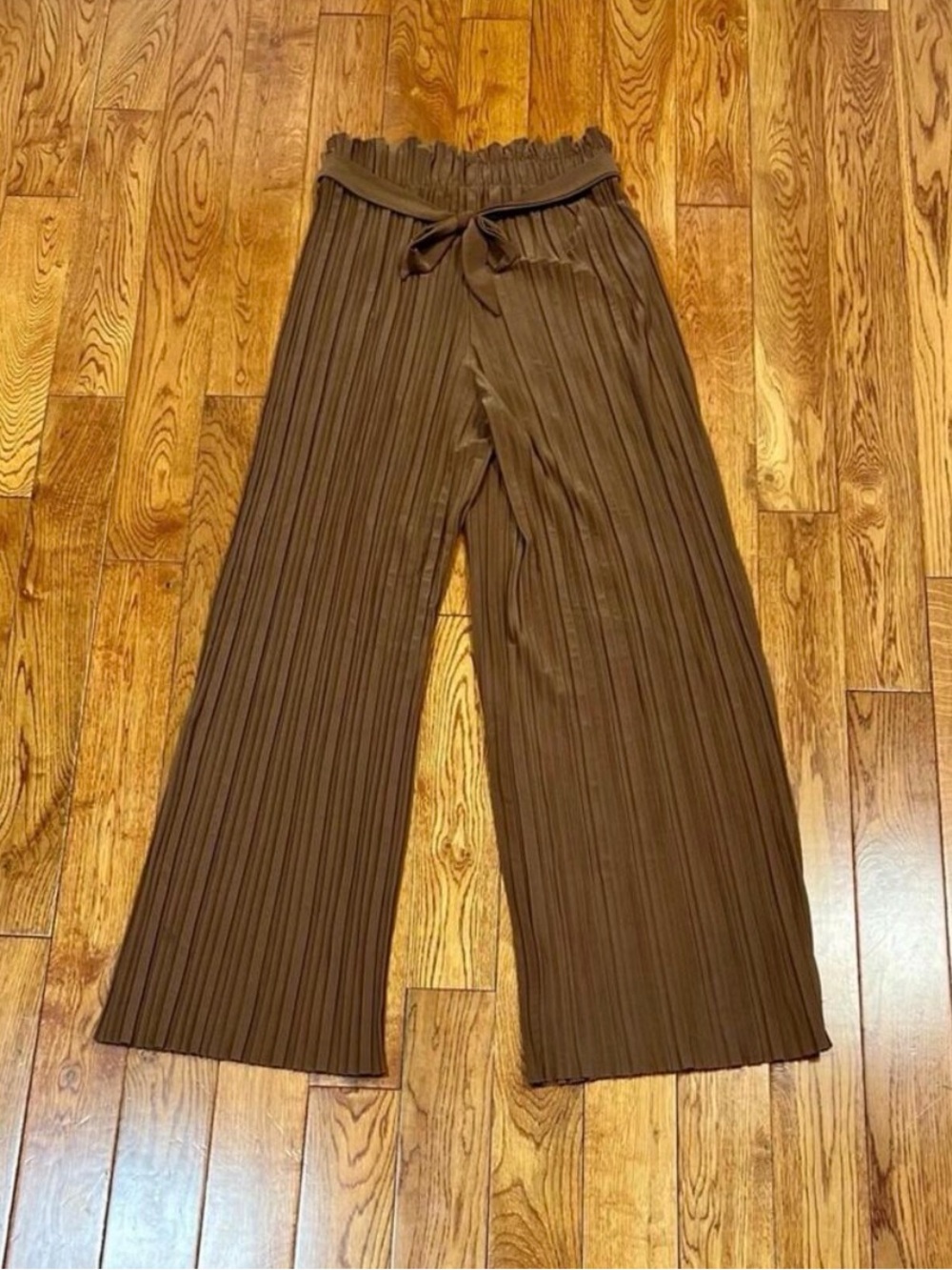 Brown Pleated Wide-Leg Pants